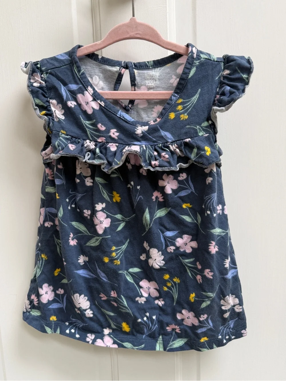 Carter's 4T Girls Navy Blue Floral Ruffle Short Sleeve Sleeve Top Shirt Blouse